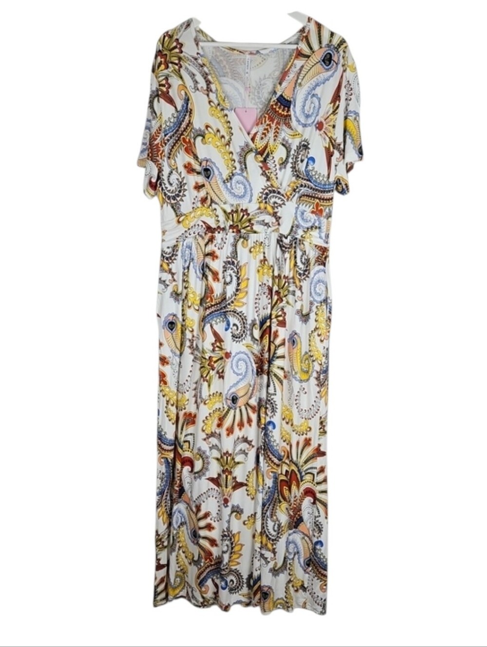 Boho Paisley Soft Maxi Dress Short Sleeve White Blue Orange Multicolor 2X Plus